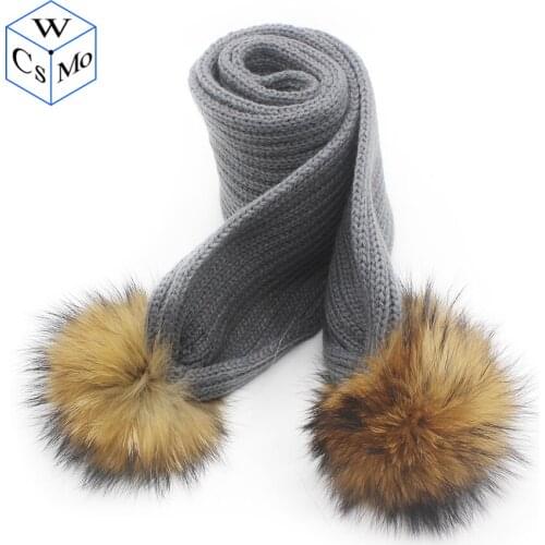 New kids winter scarf with detachable real raccoon fur pom poms boys Girls warm neckwarmer scarves big pompom fur scarf