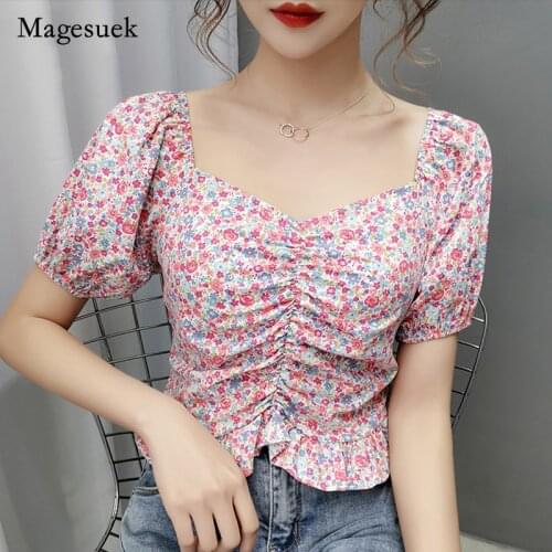 Women Ropa De Mujer 2021 Summer Womans Shirt Puff Sleeve Cotton Slim Blouse Printed Short Sleeve Floral Square Collar Top 9623