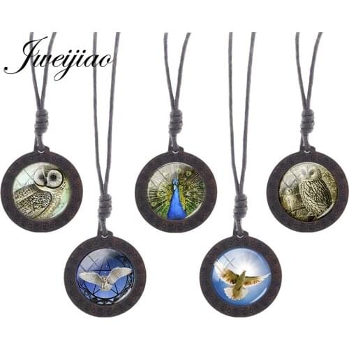 JWEIJIAO Flying Bird Owl Pattern Round Glass Dome Unisex Necklaces Vintage Rope Chains Wooden Pendant Classic Jewelry C638