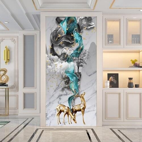 Chinese Style Fantasy Elk DIY Door Sticker Home Decoration Porch living Room Art Mural Peel & Stick Waterpoof Vinly Wall Sticker