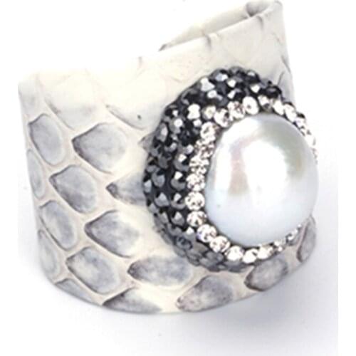 1pcs New Natural Freshwater Pearl Pave Rhinestone Charm Light Dark Grey Real Snake Leather Adjustable Unisex Open Ring Cuff 2021