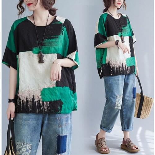 Beautiful Women Linen T-Shirt Summer Fashion O-Neck Loose Printing And Dyeing Color Contrast Short-Sleeved Female Tops Tees New