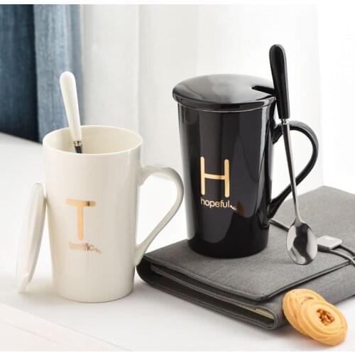 Creative surname letter ceramic water cup Mark cup with spoon can be customized logo coffee milk cup XSB