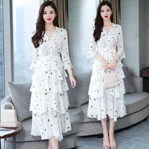 Summer Vestidos Seven-quarter Sleeve Cake Lotus Leaf Floral Dresses V-neck High Waist Trumpet Sleeve Summer Chiffon Dress Z674