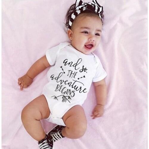 Summer 2020 Baby Boys Girls Newborn Short Sleeve Romper Infant and So Adventure Begins Letter Printed Jumpsuit Clothes