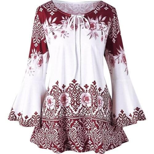 Fashion Womens Plus Size Printed Flare Sleeve Tops Blouses Keyhole T-Shirts