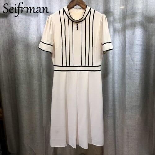 Seifrmann New 2021 Summer Women Fashion Designer Party A-Line Dress Short Sleeve High Waist Print Patchwork Ladies Midi Dresses