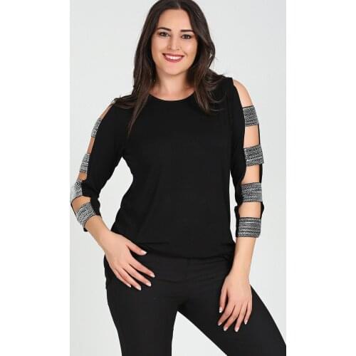 New Season Fashion Plus Size Long Silver Band Slevee Blouse Natural Viscose Soft Elastic Fabric