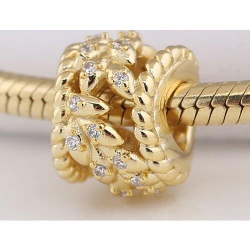 Authentic S925 Silver Bead Golden Intertwined Twisted Leaves With Crystal Charm fit Lady Bracelet Bangle DIY Jewelry