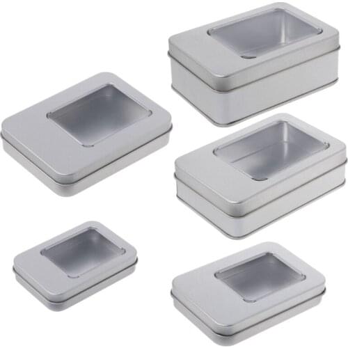 Rectangular Tin Silver Storage Box Case Organizer with Half Clear Window Lid