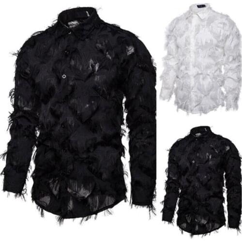 Furry embroidered shirt mens Hollow out Night singer stage performance clothes personalized casual plus size long-sleeved