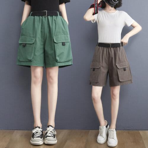 Large Size Tooling Shorts Womens Summer Loose Big Pockets Solid Color Wild Casual Female Wide-leg Short Pants aq1102
