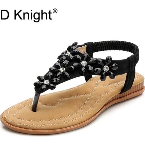 Rhinestone Flowers Summer Shoes PU Women Sandals Boho Lady Flip Flop Beach Sandal shoes Elastic Band Platform Shoes Big Size 42