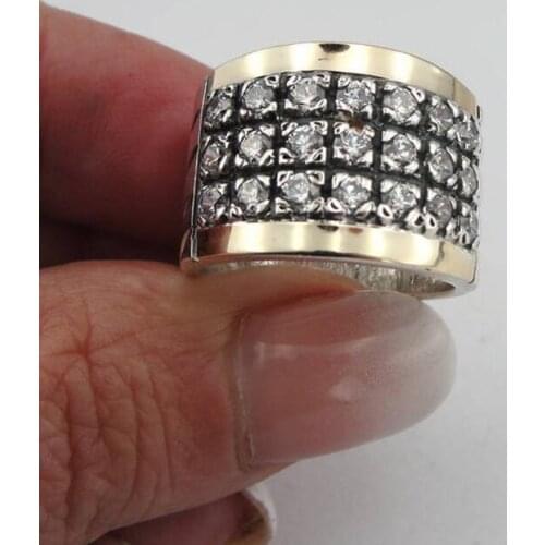 Vintage Two Tone Three Lines White Stone Wide Ring For Women Men Wedding Party Banquet Retro Anniversary Jewelry D4M861