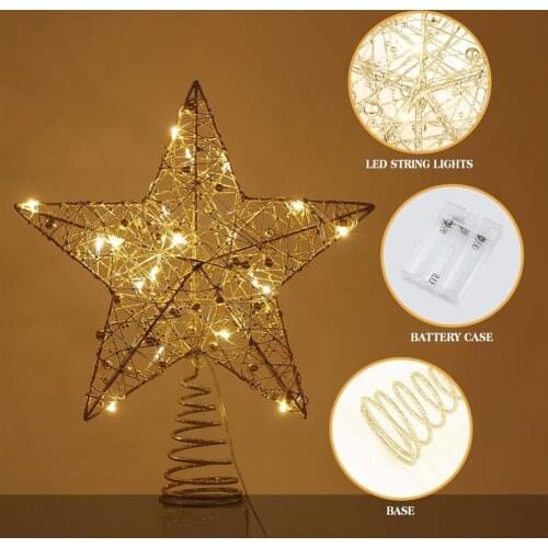 25 X 30cm Christmas Tree Iron Topper Star Glitter Treetop Star With String Lights Christmas Party Decoration Xmas Decor (Golden)