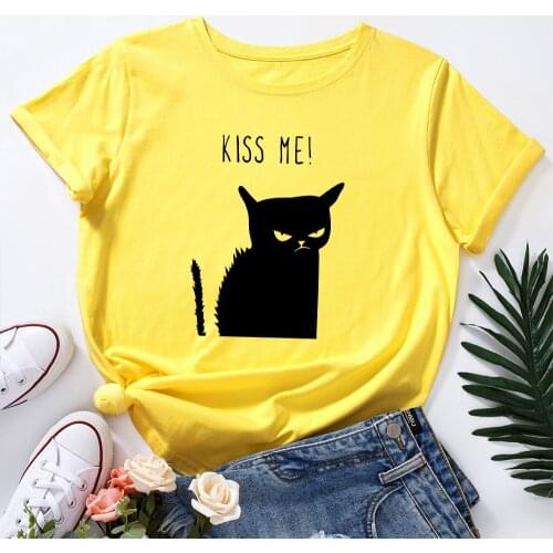 2021 Summer Graphic T Shirts Top Women T-shirt Cute Cat Letter Print TShirt Women 100%Cotton O Neck Short Sleeve Tees