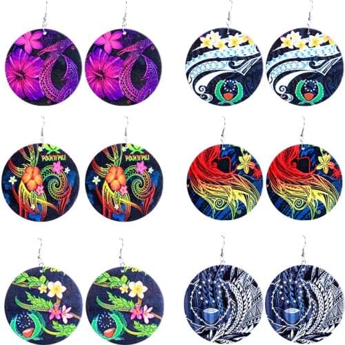 Hawaiian Phontos Painted Wooden Earrings Ethnic Statement Round Circle Wood Drop Jewelry Pohnpei State Flag Earring For Women