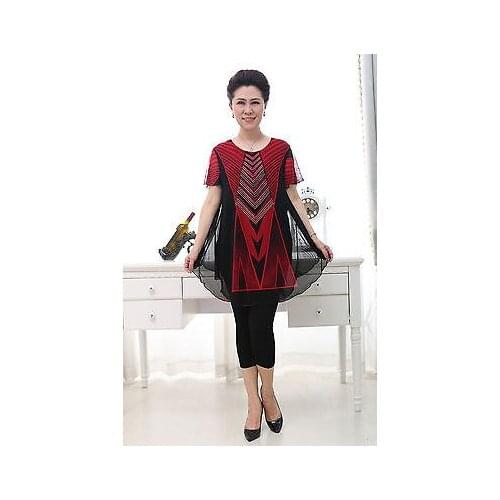 Womens Knited print short sleeve T-shirts with lining double layer tops