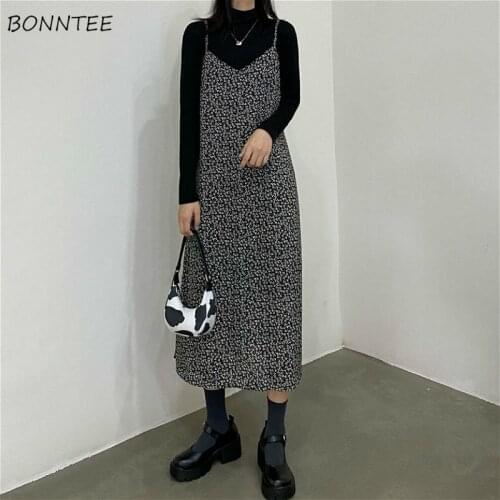 Spaghetti Strap Dresses Women V Neck Ladies Elegant Floral All-match Trendy Sleeveless Kawaii Ins A-line Simple Ulzzang Korean