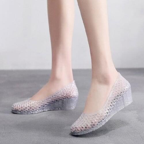 2020 summer super soft glitter gold crystal jelly ladies sandals wedges comfortable hollow hole shoes beach shoes