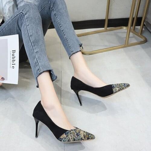 Pumps Women High Heel Fashion High Quality Womens Fine Womens Shoes New Pointed Pattern Stitching Sexy Office Shoes W37-46