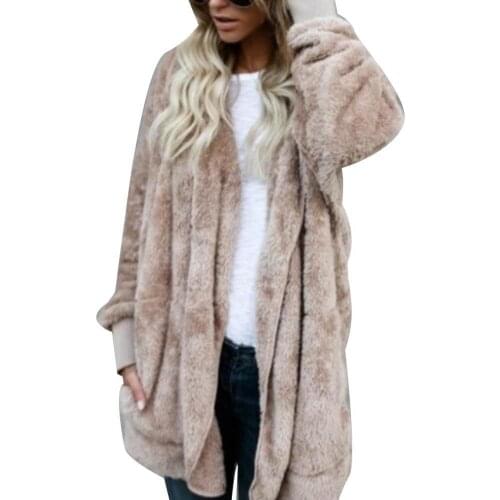 80% HOT SALES！！！Winter Women Plus Size Solid Color Faux Fur Hooded Coat Long Sleeve Cardigan