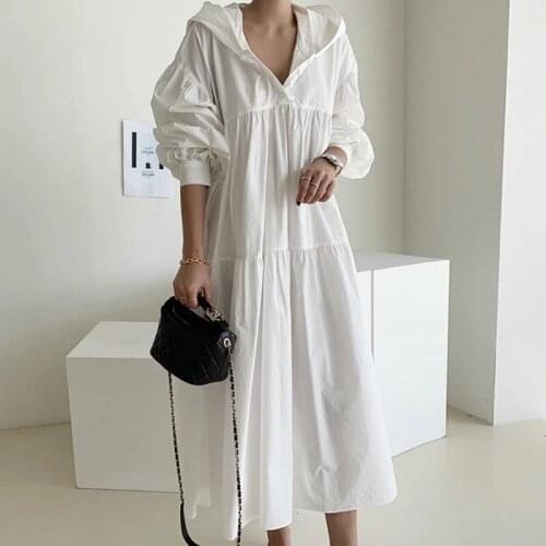 Women Minimalism Lantern Sleeve Dresses Female New Korean Chic Hooded Casual Ladies Runway Long Dress
