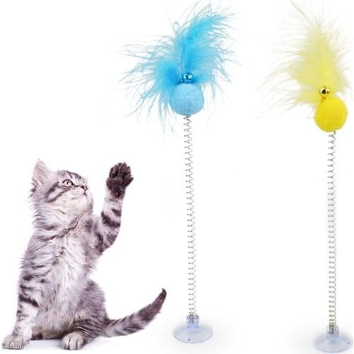 1PC Cat Toys EVA Bite Resistant Feather Stick Spring Suction Cup Toy with Bell Spring Mouse Feather Pet Elastic Cat Stick Toys