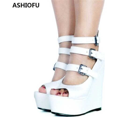 ASHIOFU Handmade Womens Wadge Heel Pumps Three-buckle Straps Party Prom Dress Shoes Club Fashion Evening Court Shoes