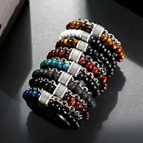 Classic Tiger Eye Stone Mens Beaded Bracelet For Women Charm Silver Color Alloy Stainless Steel Bracelets Male Jewelry