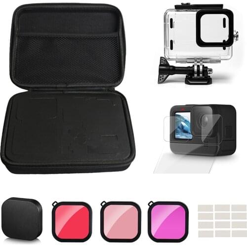 For GoPro Hero 9 Black Waterproof Case 50M Tempered Glass Diving Housing Protective Cover Lens Filter Film Storage Bag Accessory