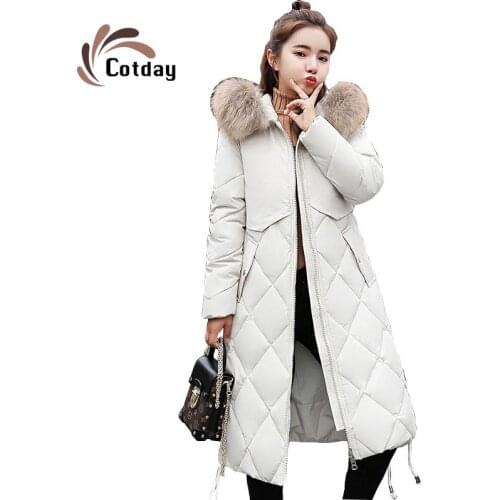 Cotday Rabbit Fur Collar Snow Wear Long Hooded Winter Woman Coat Jacket Thick Warm Loose Oversized Cotton Padded Wadded Parkas