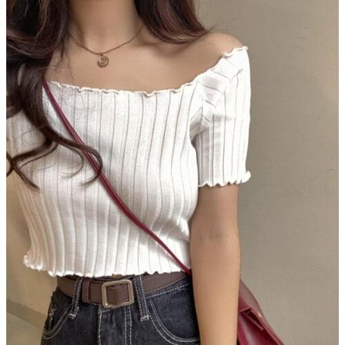HELIAR Women Off shoulder T-shirts Knitting Crop Tees Stripes Ruffles Hem Cotton Short Sleeve Tees Women 2021 Summer