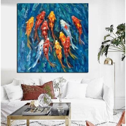 Handmade wall oil painting love nice koi fish fine art print archival for living room decoration