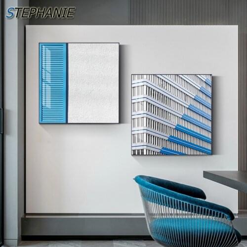 Modern Abstract Canvas Painting Blue Window Building Poster and Print Fashion Wall Art Picture for Bedoom Nordic Home Decoration