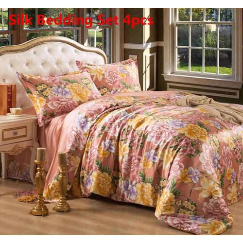 Silk Bedding Set 4pcs Luxurious Mulberry Duvet Cover Flat Sheet Pure Print Soft Silk Floral Twin Full Queen King Cal.King ls2113