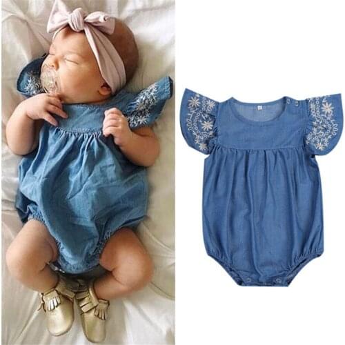 Summer Newborn Baby Infant Girl Kid Denim Romper Lotus leaf sleeve O-Neck Jumpsuit Bodysuit Outfit Sunsuit Clothes 2019 New