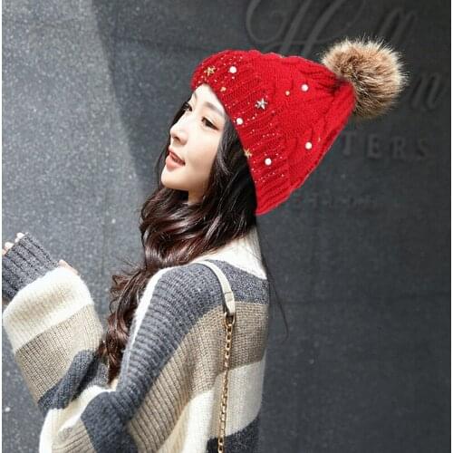 Fashion Winter Women Lady Faux Fur Ball Winter Warm Crochet Knitted Ski Hat Cap Pearl Decoration Beanie