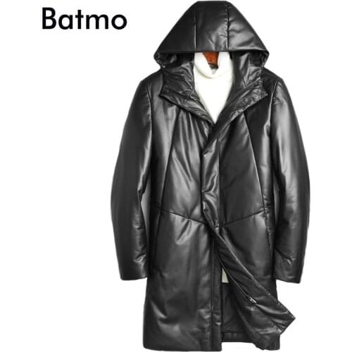 BATMO 2018 new arrival winter high quality sheepskin white duck down hooed jackets men,mens warm real leather coat,X6803