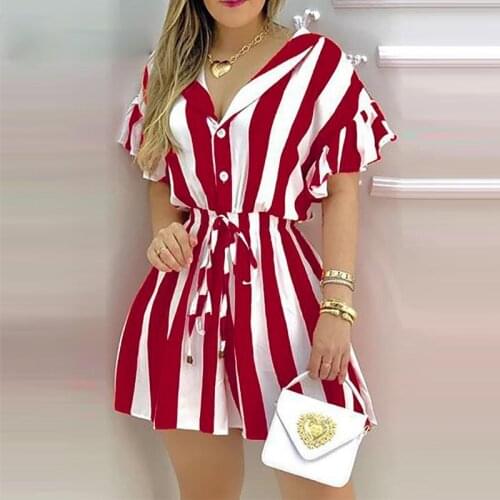 2021 summer new womens striped deep V tie short-sleeved dress