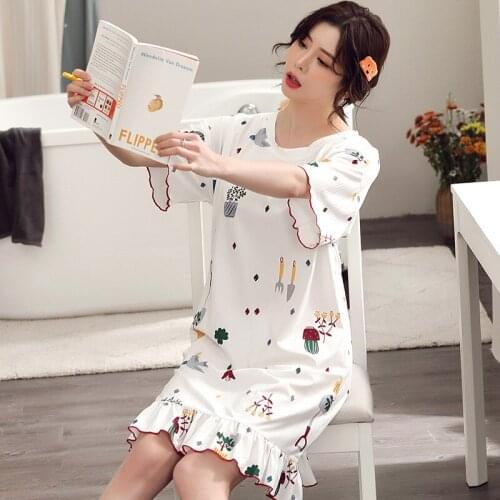 Pajamas Summer Ladies Lovely Short Sleeve Nightdress Korean Large Size Home Service Medium Long Skirt Nightgowns Oversize
