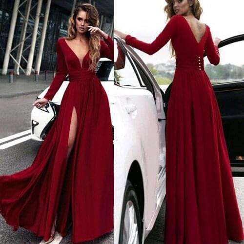 SuperKimJo Burgundy Cheap Prom Dresses Long Sleeve Elegant Chiffon V Neck Prom Gown Vestidos De Fiesta De Noche Largos Elegantes