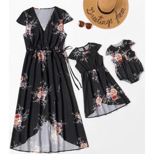 Parent-child print mother and daughter dress womens lotus leaf sleeve dress