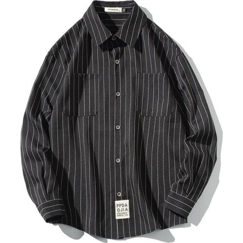 Stripe Long Sleeve Social Shirt Black Mens Fashion Korean Style Lapel Loose Casual Shirts Men Streetwear Clothing Tops Plus Size