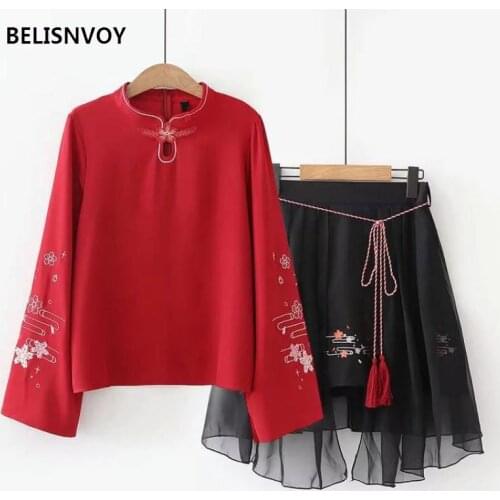 S-xl 2 Pieces Set Women Chinese Style Floral Embroidery Long Sleeve Red Blouse And Mesh Skirt Women Clothing Set