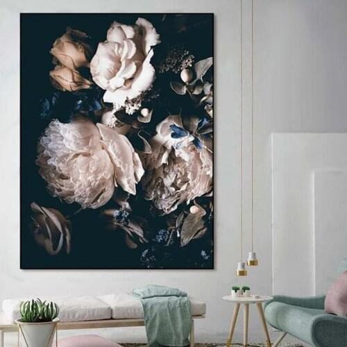 Modern Elegant Pink Rose In Darkness Canvas Painting Flower Cuadros Print For Living Room Bedroom Aisle Abstract Wall Art Decor