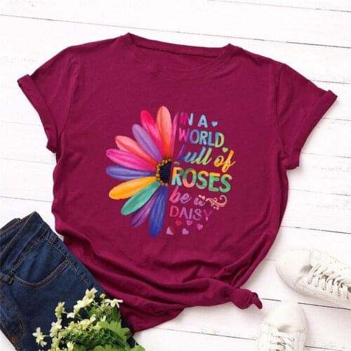 Colorful Sunflower Rose Letter Print T Shirt Women Short Sleeve O Neck Loose Tshirt Summer Women Tee Shirt Tops Camisetas Mujer