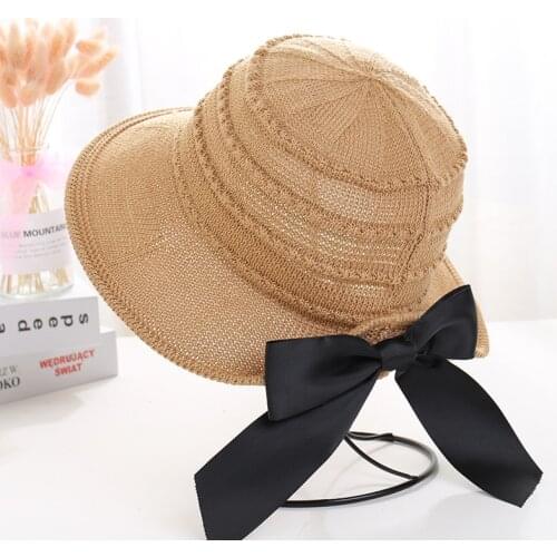 Womens New Cotton Knit Sun Hat Sun Protection Korean Version of The Black Bow Basin Hat Foldable Beach Hats Tide Spring Autumn
