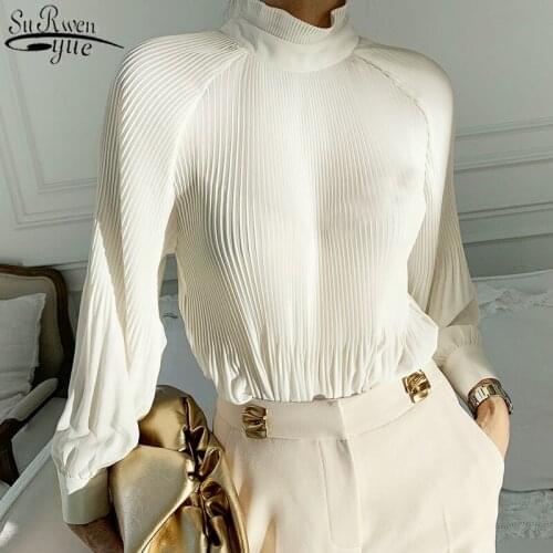 2021 Spring New Pleated Women Shirts Fashion Office Lady Chiffon Blouse Women Stand Collar Puff Sleeve Solid Female Tops 12725