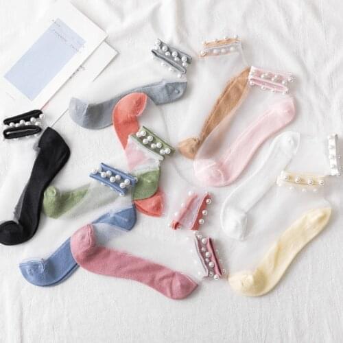 Women Pearl transparent glass Silk womens socks thin cotton socks Sexy Lace Mesh Fishnet Elasticity Ankle 1pair=2pcs x344